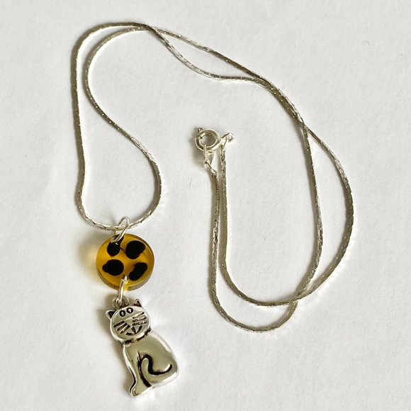 Cat Necklace Silver Plated 18" Chain Crystal Black Enamel Charm Pendant - Picture 2 of 8